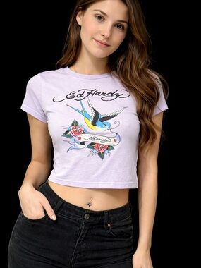Ed Hardy Lilac Crop Tee with Multicolor Swallow Graphic